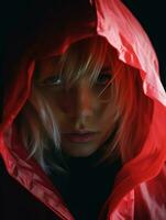 a woman in a red hoodie generative ai photo