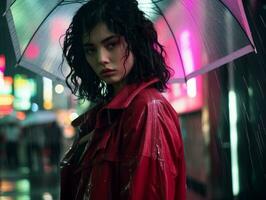 a woman in a red jacket is standing in the rain with an umbrella generative ai photo