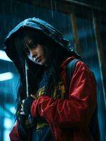 a woman in a red jacket holding an umbrella in the rain generative ai photo