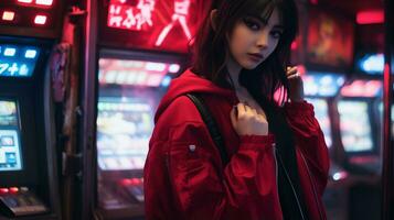 a woman in a red jacket standing in front of a casino generative ai photo