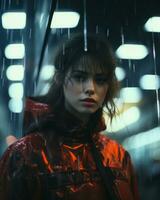 a woman in a red jacket standing in the rain generative ai photo