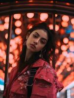 a woman in a red jacket standing in front of red lights generative ai photo