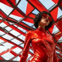a woman in a red latex dress standing in front of a glass ceiling generative ai photo