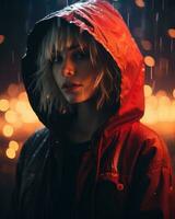 a woman in a red jacket standing in the rain generative ai photo