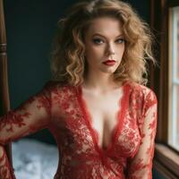 a woman in a red lace dress posing by a window generative ai photo
