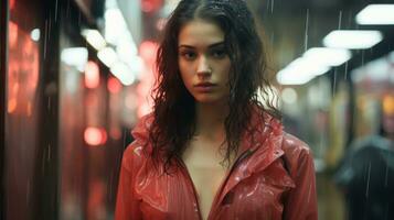 a woman in a red raincoat standing in a subway station generative ai photo