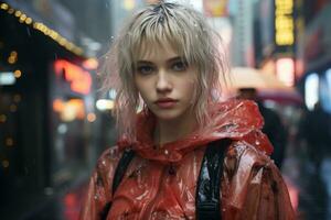 a woman in a red raincoat standing in the rain generative ai photo