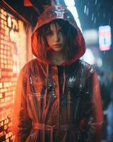 a woman in a red raincoat standing in the rain generative ai photo