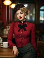 a woman in a red shirt and hat sitting at a table with a cup of coffee generative ai photo