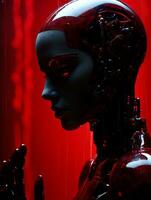 a woman in a red suit with a robot head generative ai photo