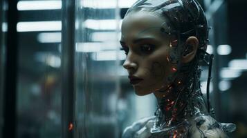 a woman in a robot suit standing in front of a glass wall generative ai photo