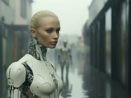 a woman in a robot suit standing in the rain generative ai photo