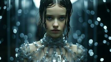 a woman in a silver dress standing in front of a mirror generative ai photo