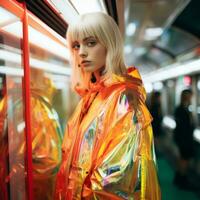 a woman in a shiny coat standing on a subway platform generative ai photo