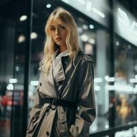 a woman in a trench coat standing in front of a building at night generative ai photo