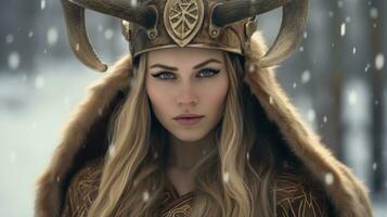 un mujer en un vikingo disfraz con cuernos en su cabeza generativo ai foto