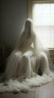 a woman in a wedding dress sitting in front of a window generative ai photo