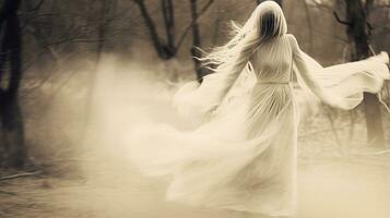 un mujer en un blanco vestir es caminando mediante el bosque generativo ai foto