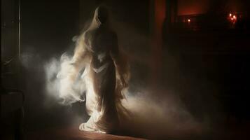 un mujer en un blanco vestir es en pie en el oscuro con fumar viniendo fuera de su pelo generativo ai foto