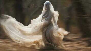 un mujer en un blanco vestir es caminando mediante el bosque generativo ai foto