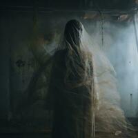 a woman in a white dress standing in an abandoned room generative ai photo