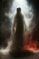 a woman in a white dress standing in front of a door with smoke coming out of it generative ai photo