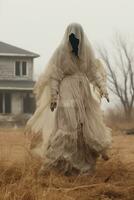 a woman in a white dress standing in front of an old house generative ai photo