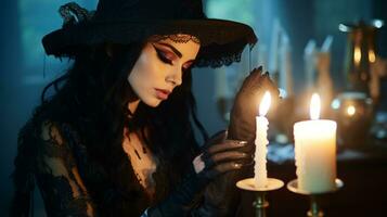un mujer en un bruja disfraz participación un iluminado vela generativo ai foto