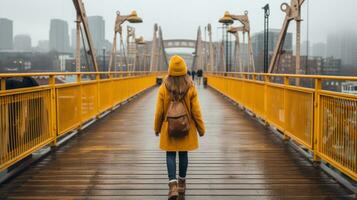 a woman in a yellow coat walking across a bridge in the rain generative ai photo