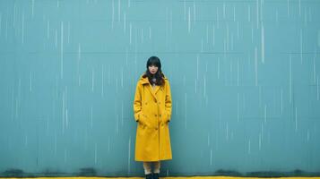 a woman in a yellow coat standing in front of a blue wall generative ai photo