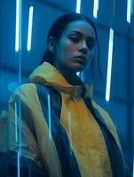 a woman in a yellow jacket standing in front of neon lights generative ai photo