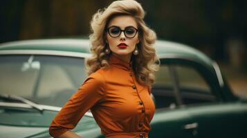 a woman in an orange dress and glasses standing next to an old car generative ai photo