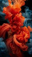 a woman in an orange dress is surrounded by blue and red smoke generative ai photo