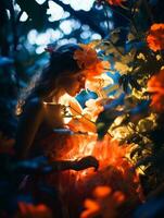 a woman in an orange dress is surrounded by flowers generative ai photo