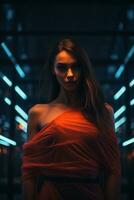 a woman in an orange dress standing in a dark room with neon lights generative ai photo