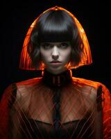 a woman in an orange dress with a black wig generative ai photo