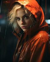 a woman in an orange raincoat generative ai photo