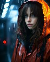 a woman in an orange rain jacket standing in the rain generative ai photo