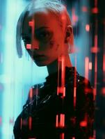 a woman in black and red standing in front of red lights generative ai photo