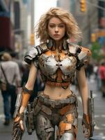 a woman in armor walking down the street generative ai photo