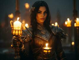 a woman in armor holding candles in the rain generative ai photo