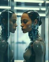 a woman in front of a mirror with a robot in the background generative ai photo