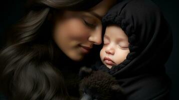 a woman in black holding a baby in her arms generative ai photo