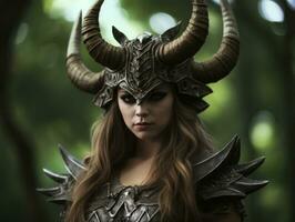 a woman in armor with horns on her head generative ai photo