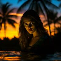 a woman in the water at sunset with palm trees in the background generative ai photo