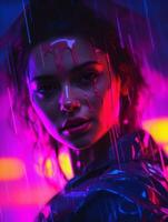 a woman in the rain with neon lights generative ai photo
