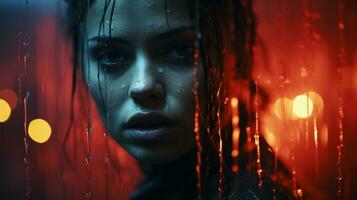 a woman in the rain with red lights behind her generative ai photo