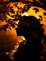 a woman is silhouetted against a tree with leaves falling generative ai photo