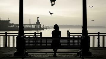 a woman is sitting on a bench by a body of water generative ai photo