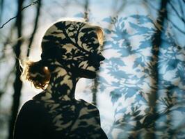 un mujer es silueta en un bosque con hojas en su cara generativo ai foto